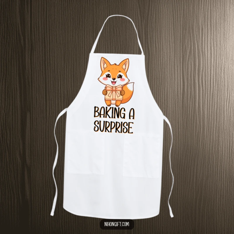 Funny fox apron showing a grinning fox presenting a beautifully wrapped gift, adding a touch of cheerful humor to cooking.