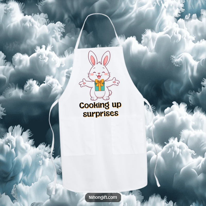 Funny Cheerful Bunny Apron with outstretched paws holding a gift, ideal for humorous cooking and sharing.