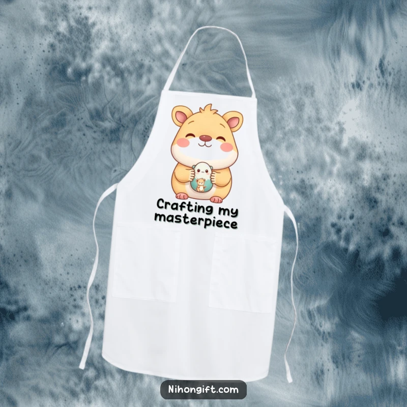 Funny apron showing a happy animal proudly displaying a small, painted ceramic figure, perfect for messy creative endeavors.