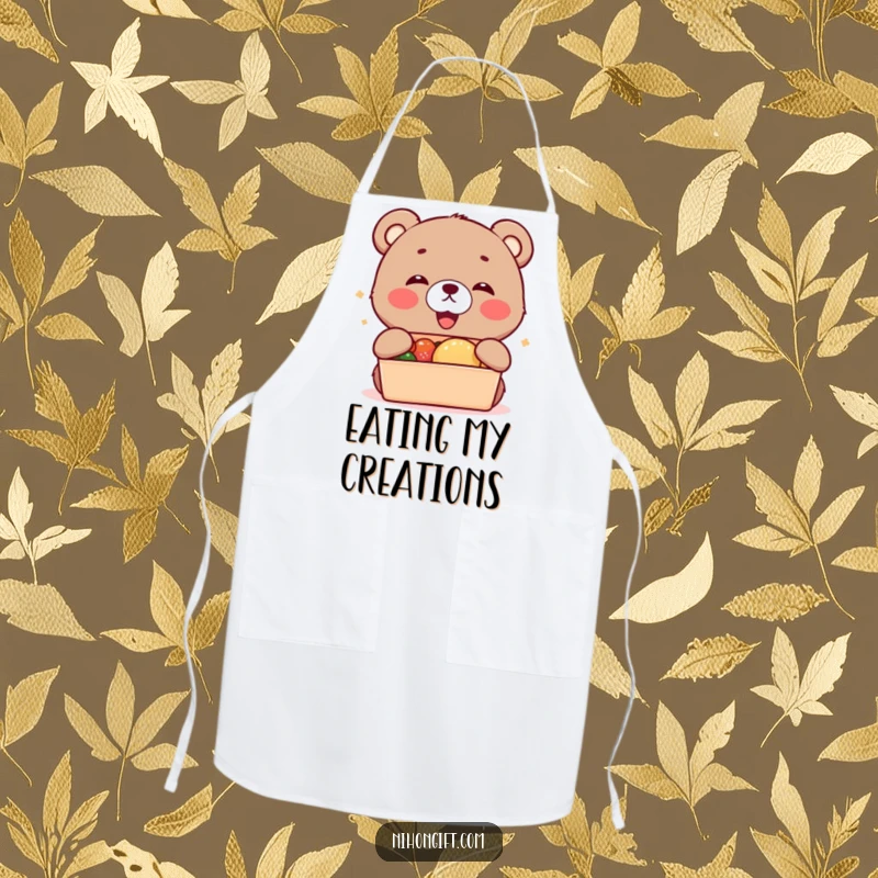 Funny kawaii bear cub cub happily accepting a bento box on a kitchen apron.