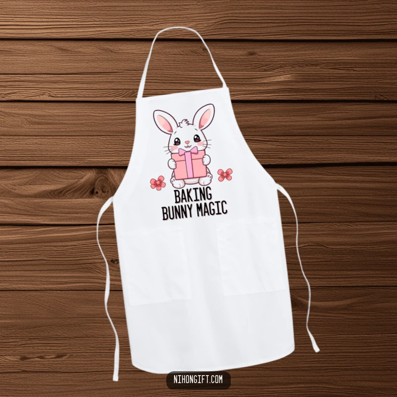 Funny bunny apron showing a wide-eyed bunny receiving a gift, great for cooks and adding humor to the kitchen.