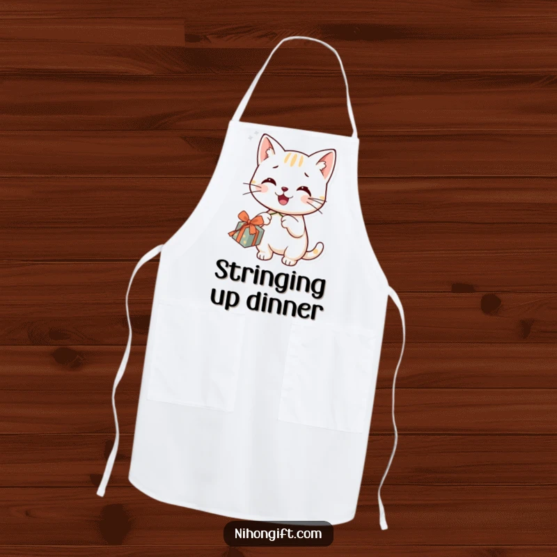 Funny cat apron showing a smiling character happily dangling a string from a gift, adding kitchen charm.