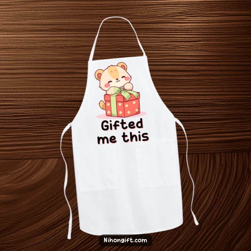 Funny apron showing a cute animal happily unwrapping a beautifully tied gift box, ideal for kitchen cheer.