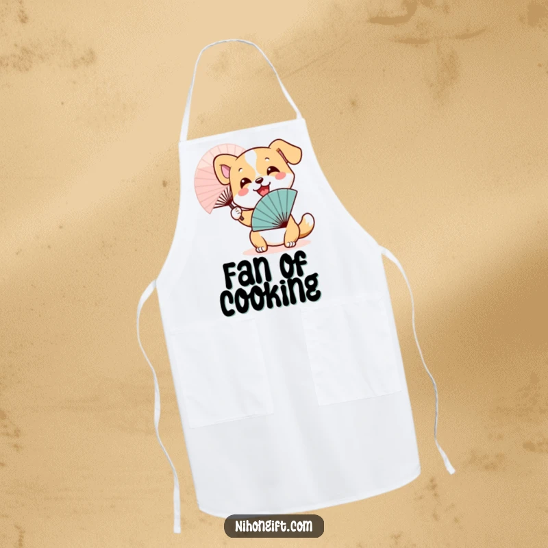 Funny Dog Fan Apron: Smiling dog enthusiastically waving a Japanese fan, ready for culinary adventures.