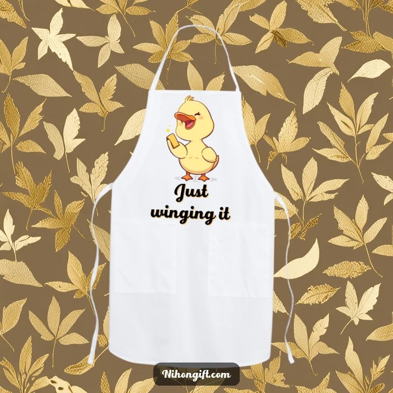 Funny duckling with an open beak joyfully accepting a small trinket, on a cute apron for kitchen fun.