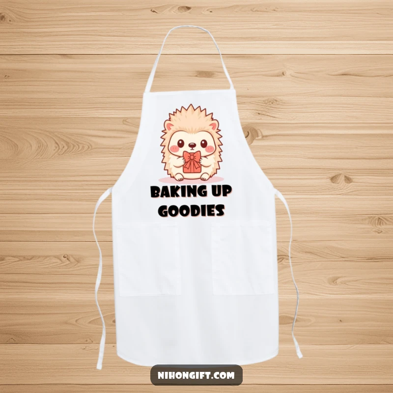 Funny Hedgehog Apron: A cute kawaii hedgehog offers a tiny, decorative gift with a bow.