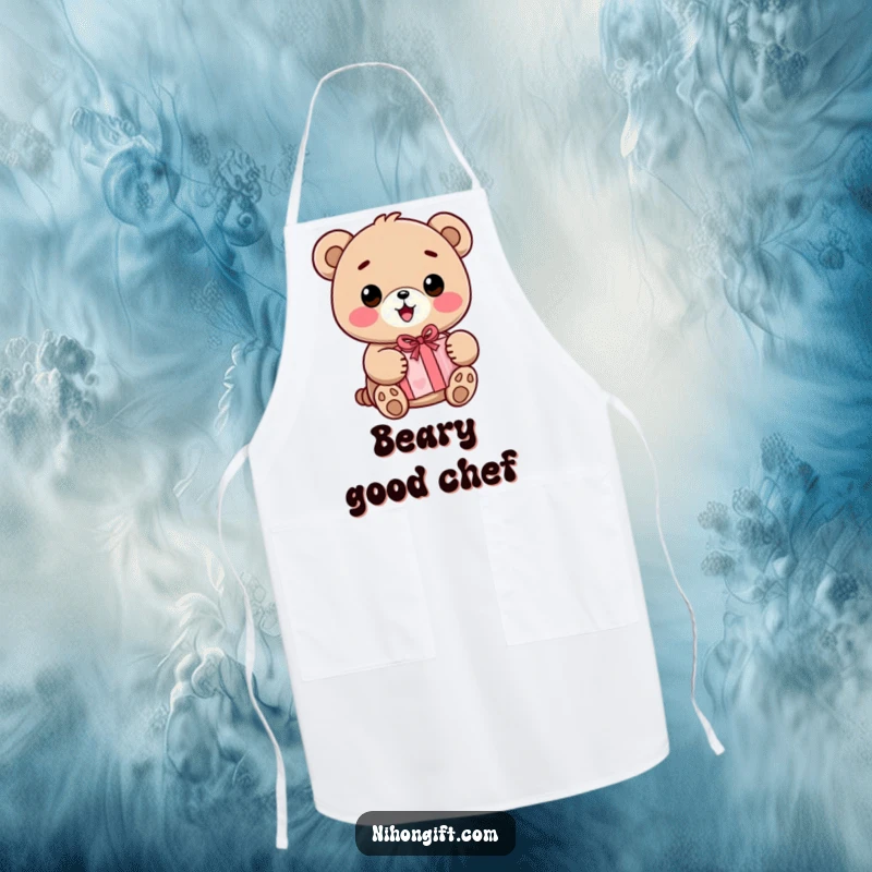 Funny Kawaii Bear Apron featuring a smiling kawaii bear holding a wrapped present, perfect for kitchen fun.