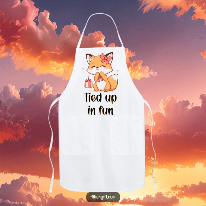 Funny Kawaii Fox Apron featuring a cute fox playfully batting at a dangling gift ribbon, perfect for kitchen fun.