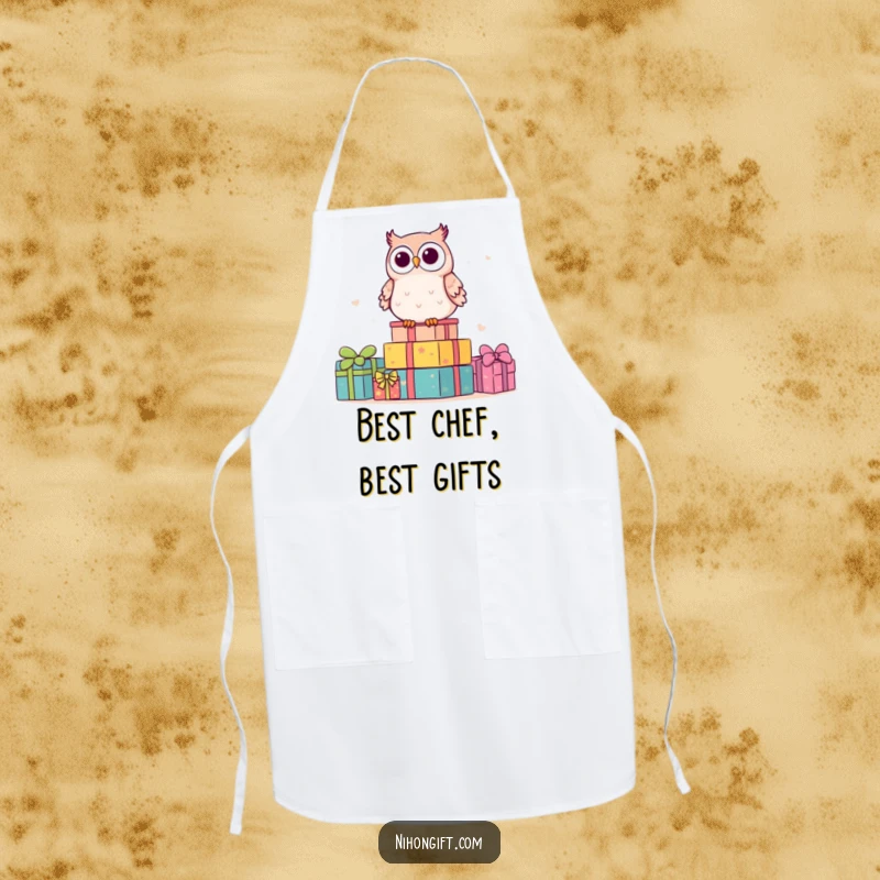 Funny kawaii owl overseeing a stack of gifts, ready to help in the kitchen on a charming apron.