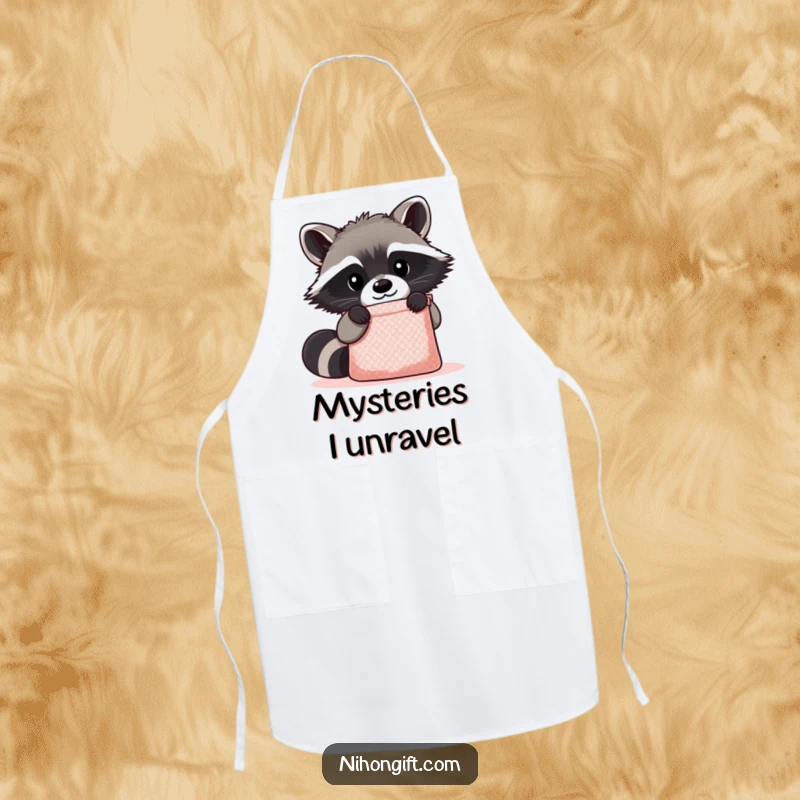 Funny Kawaii Raccoon Apron featuring a cute raccoon peering curiously into a shimmering gift bag, perfect for kitchen fun.