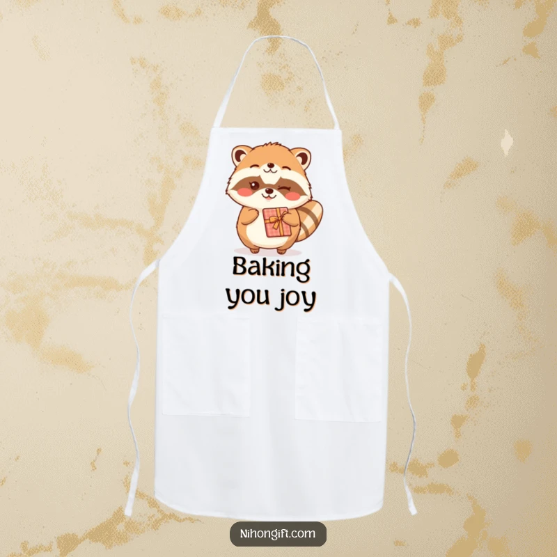 Funny kawaii tanuki winking and offering a gift on a kitchen apron, perfect for cooking.