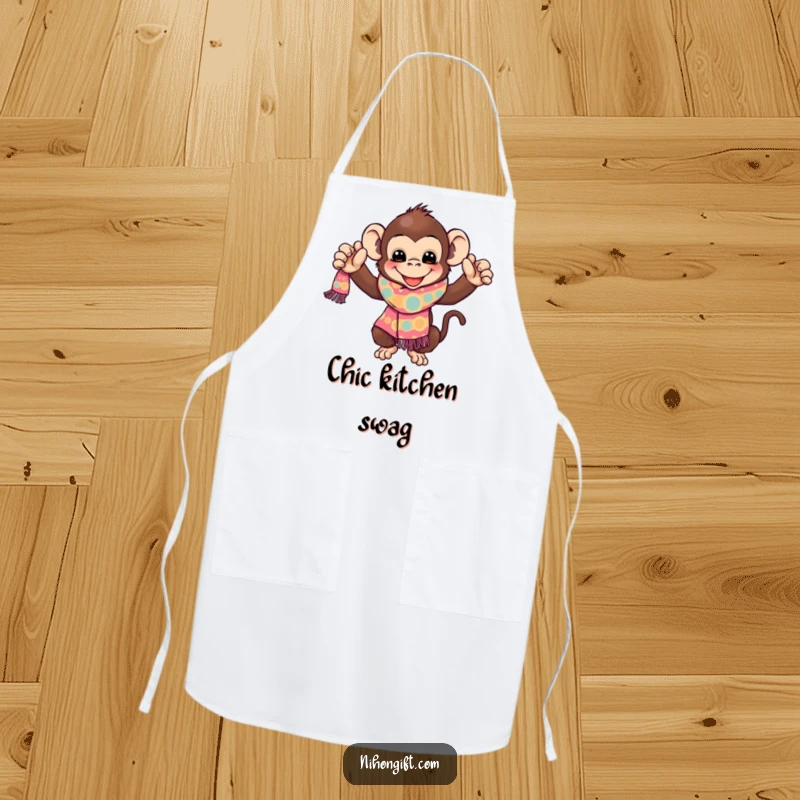 Funny Monkey Apron: A gleeful monkey proudly presents a vibrant, patterned scarf, perfect for a joyful and clean cooking experience.