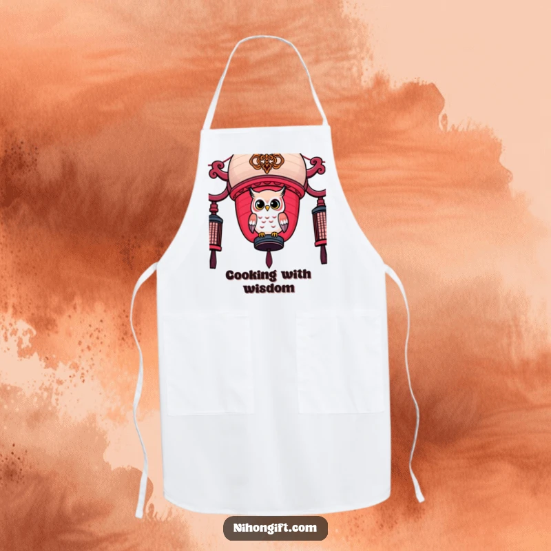 Funny Owl Lantern Apron: A cute kawaii owl perches on a decorated Japanese lantern.