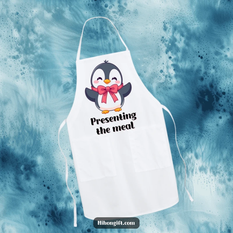 Funny apron with a cute penguin character presenting a beautifully tied ribbon, perfect for kitchen use.