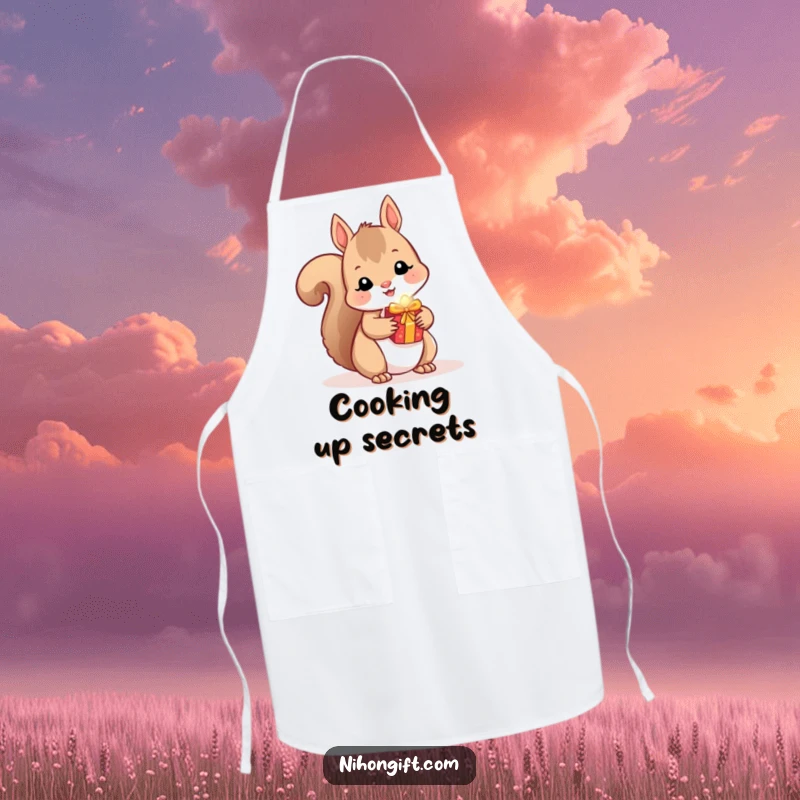 Funny Squirrel Apron: A cute kawaii squirrel hides a small, shiny gift.