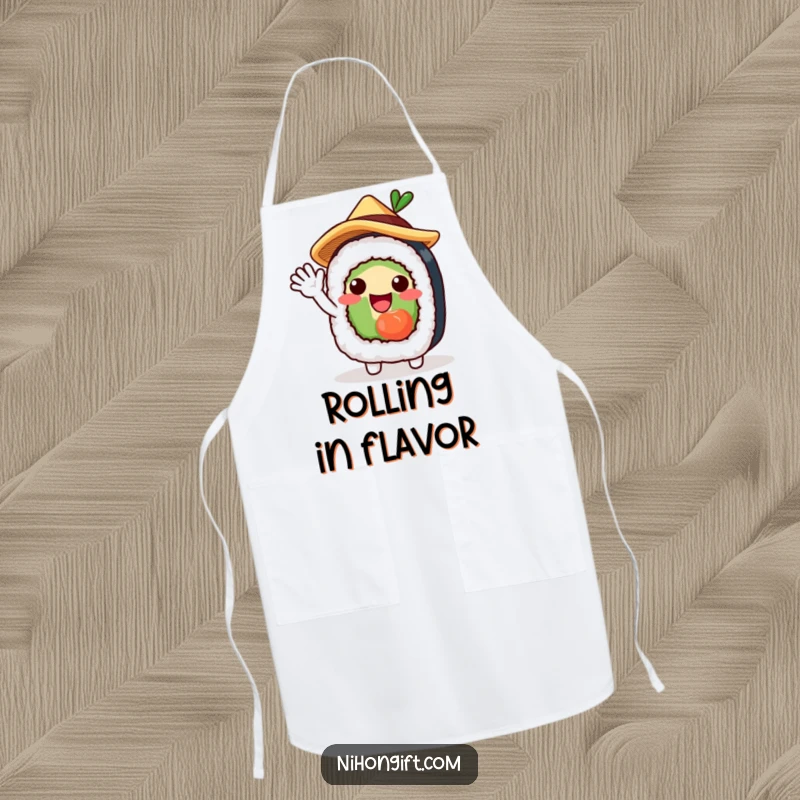 Funny apron with a charming sushi roll character in a straw hat, waving excitedly, perfect for kitchen use.