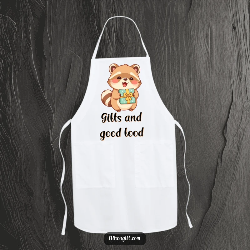 Funny tanuki apron showing a joyful character holding a beautifully wrapped present, perfect for kitchen cheer.