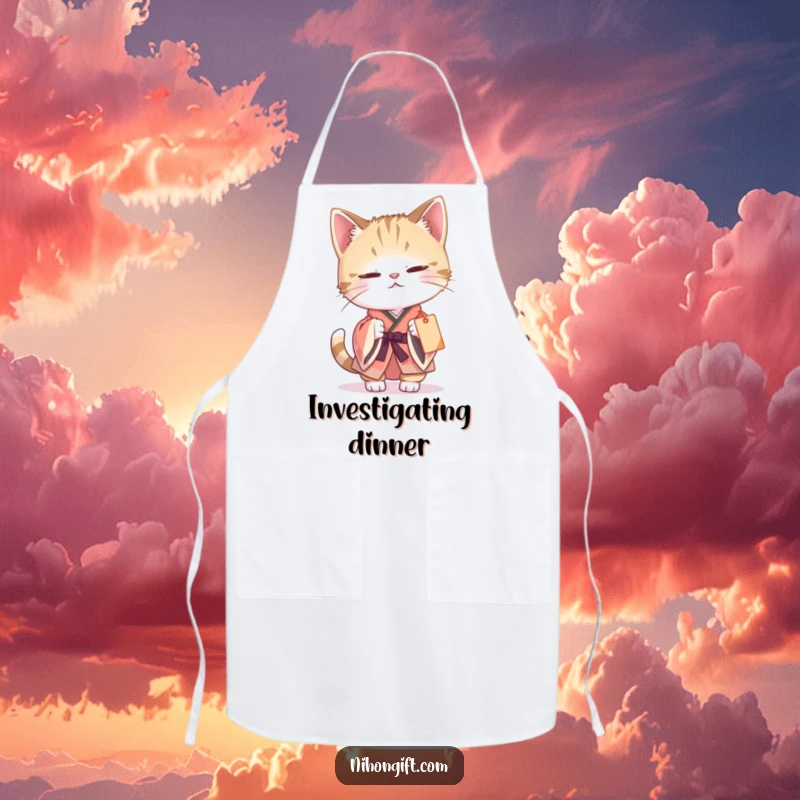 Funny cat kimono apron showing a curious cat batting at a dangling gift tag, adding a touch of whimsical humor to cooking.