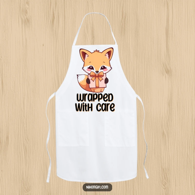 Funny apron showing a cute fox holding a present, ideal for cooks who enjoy humor in the kitchen.