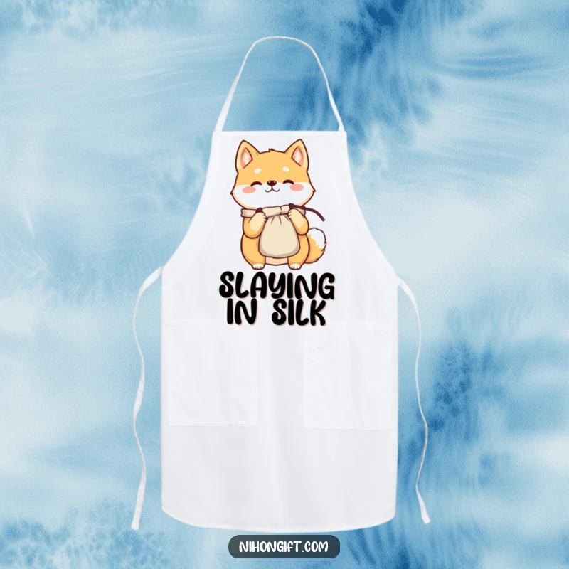 Funny Shiba Inu apron showing a cheerful character proudly presenting a delicate silk pouch, adding kitchen charm.