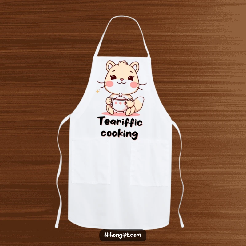 Funny apron showing an animal holding a delicate tea set and a polite smile, perfect for tea parties.