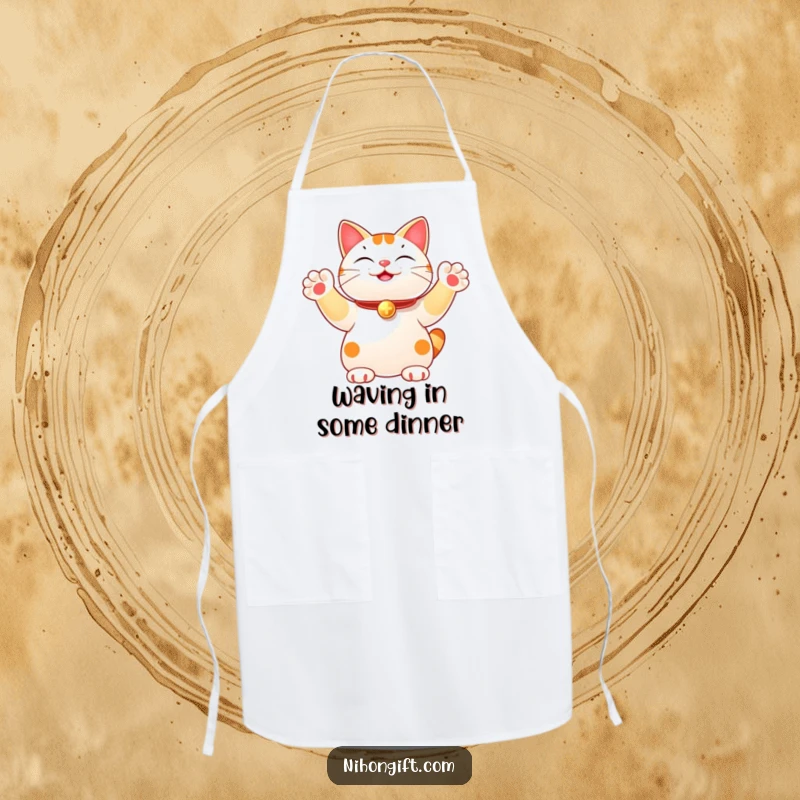 Funny apron for cooking, showing a lucky cat joyfully waving many paws for good luck. A practical and humorous kitchen accessory.