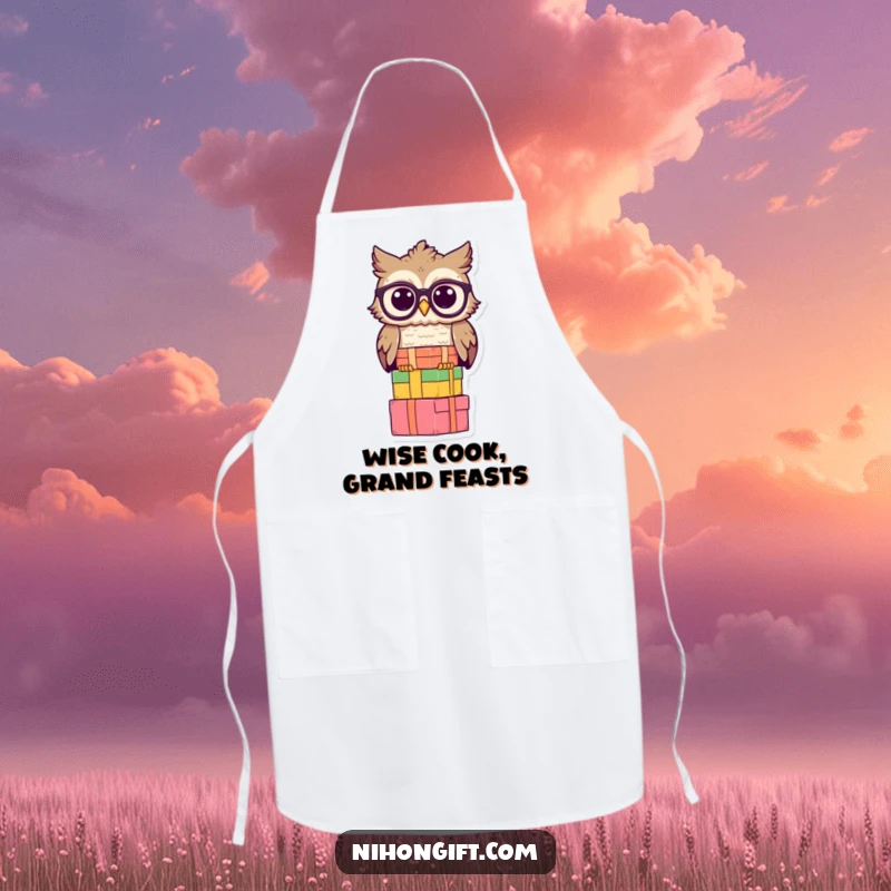 Funny owl apron depicting a wise owl with spectacles balancing gift boxes, great for cooking smart.