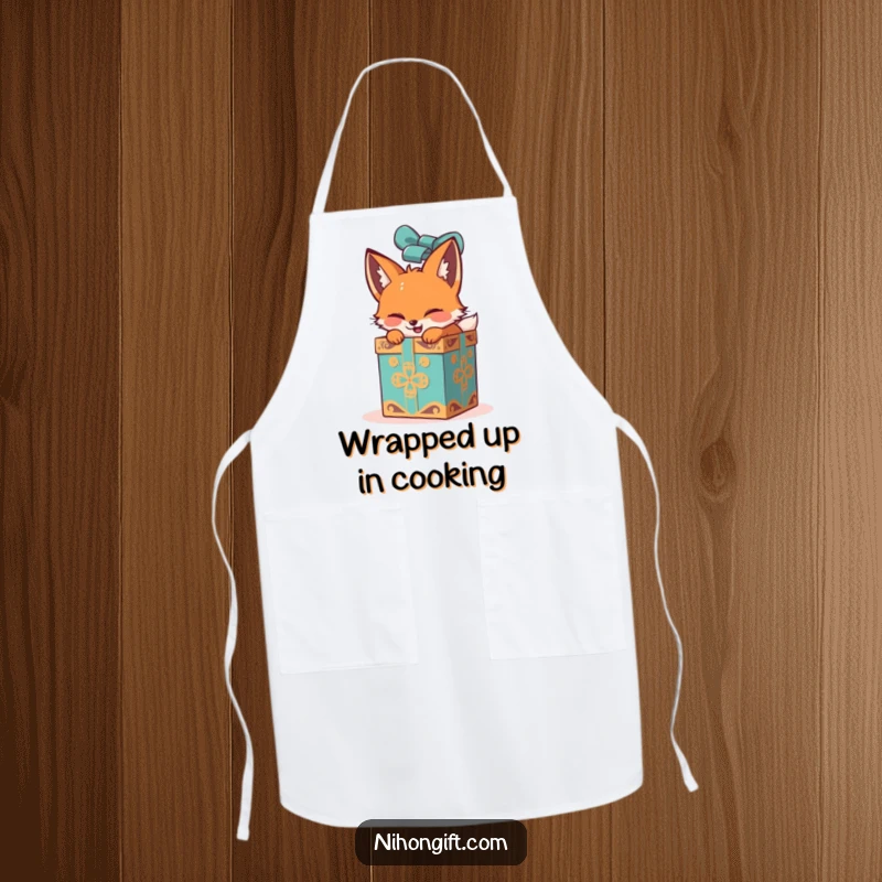 Funny fox apron depicting the joyful unwrapping of a large, ornate gift box, perfect for kitchen humor.