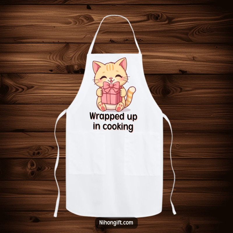 Funny kawaii cat apron featuring a cheerful cat holding a gift box, designed for kitchen fun and protection.