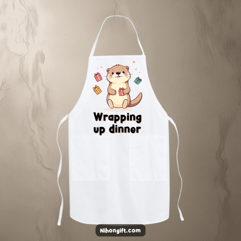 Funny Kawaii Otter Apron: A happy otter juggling colorful gift boxes, ready to add cheer to any cooking session.