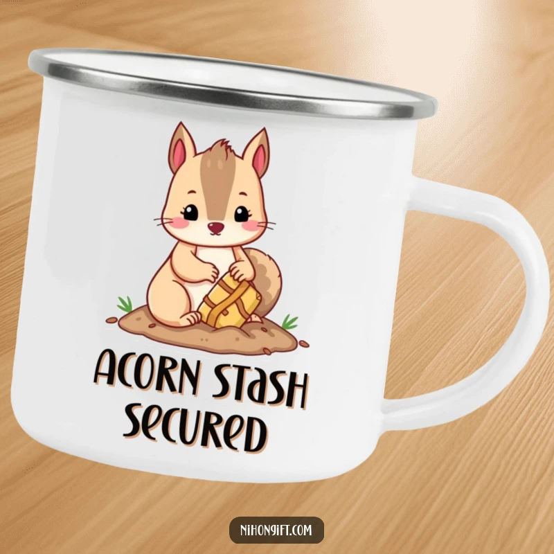 Funny kawaii squirrel burying a treasure on a durable camping mug, adding rustic humor.