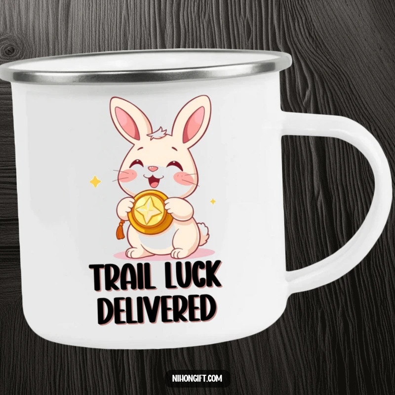 Funny camping mug with a happy bunny presenting a shiny trinket, designed for outdoor fun and luck.