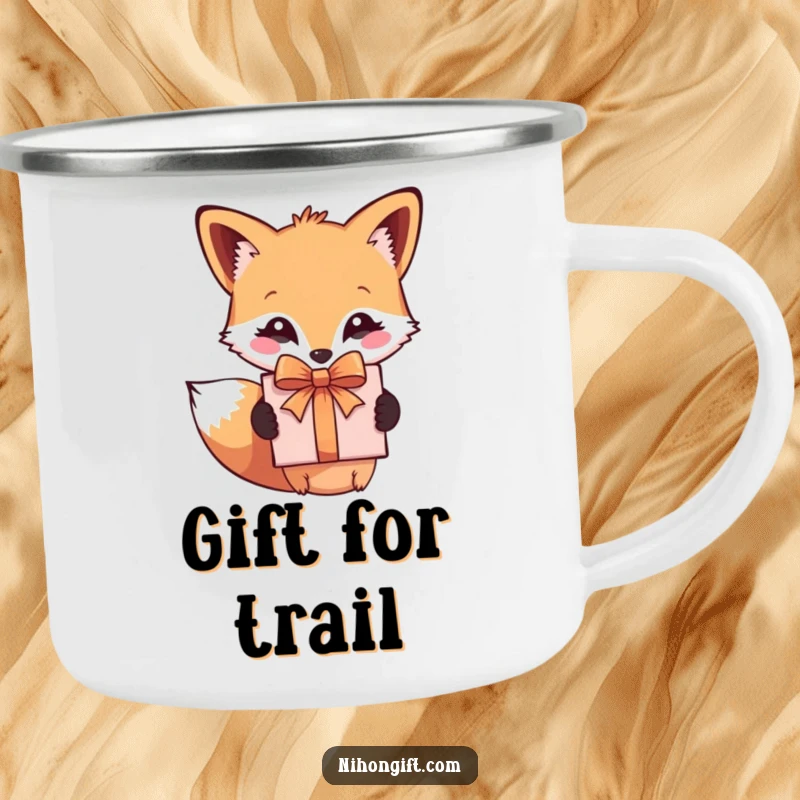 Funny camping mug with a cute fox holding a gift, designed for outdoor adventures and humorous sips.