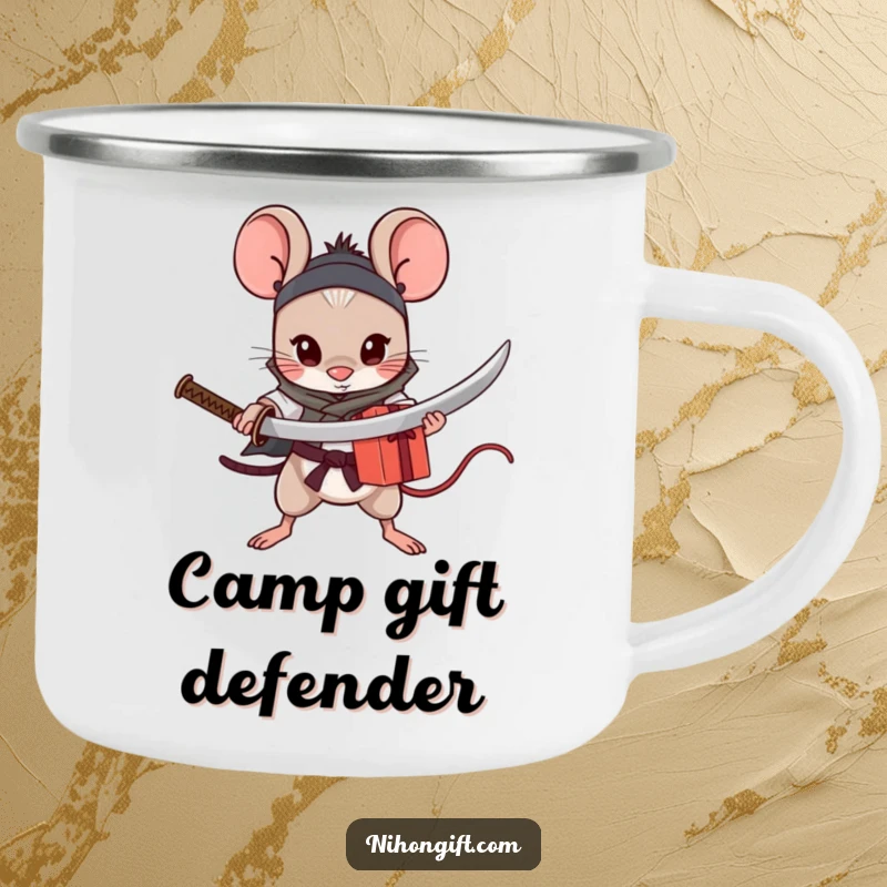 Funny Mouse Katana Camping Mug: Brave little mouse holding a tiny katana, guarding a gift in a wilderness setting.