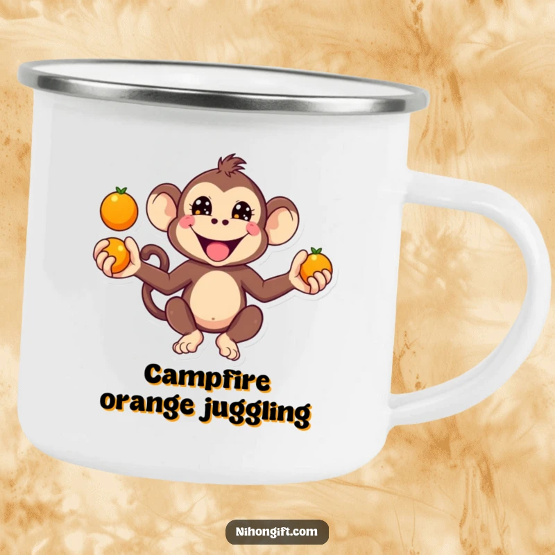 Funny Kawaii Monkey Camping Mug showing a monkey juggling oranges with a mischievous grin.