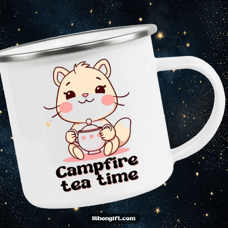 Funny camping mug with an animal holding a delicate tea set and a polite smile, perfect for outdoor tea breaks.