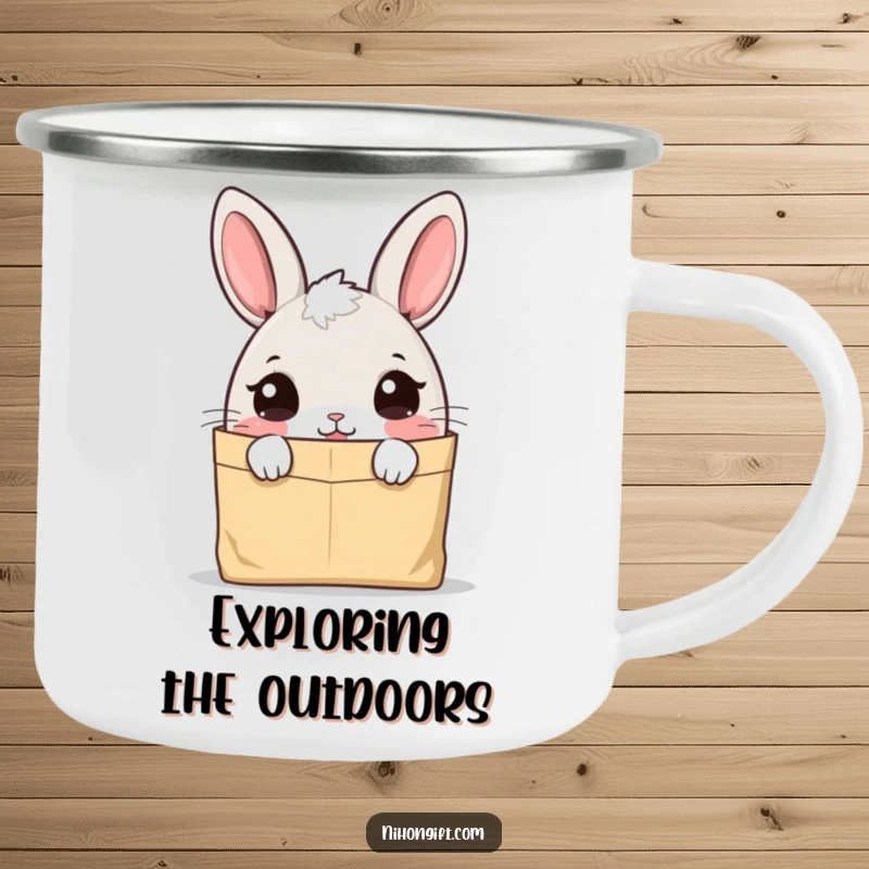 Funny bunny in a camping mug, peeking curiously into a paper bag, ready for outdoor exploration.