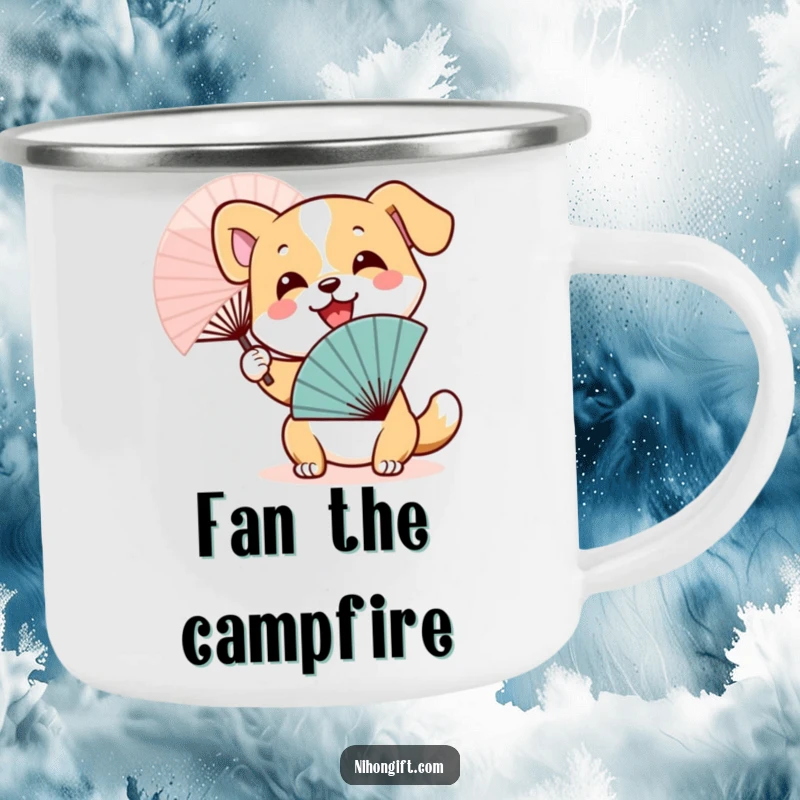Funny Dog Fan Camping Mug: Smiling dog enthusiastically waving a Japanese fan in a scenic outdoor setting.