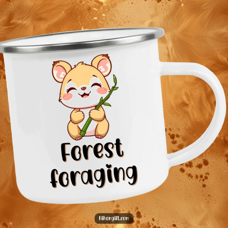 Funny, durable camping mug featuring a joyful animal holding a miniature bamboo stalk, great for serene outdoor moments.