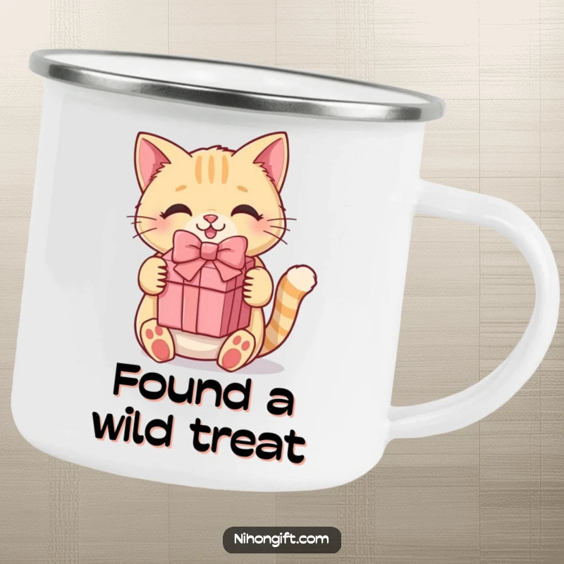 Funny kawaii cat camping mug, sturdy and charming, with a happy cat holding a gift box, ready for any adventure.