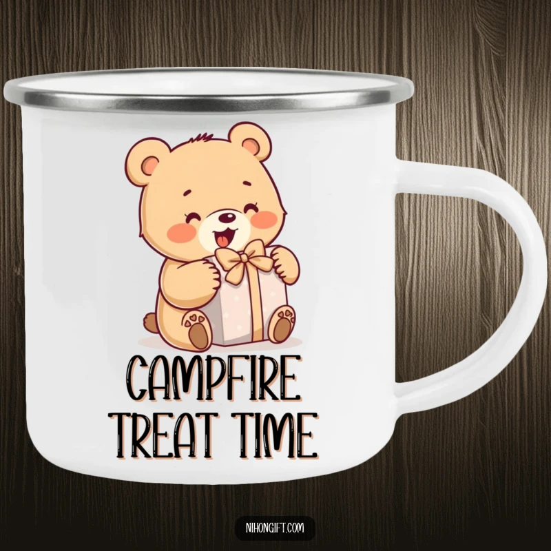 Funny bear camping mug with a little bear enthusiastically opening a gift, ideal for outdoor use and humor.