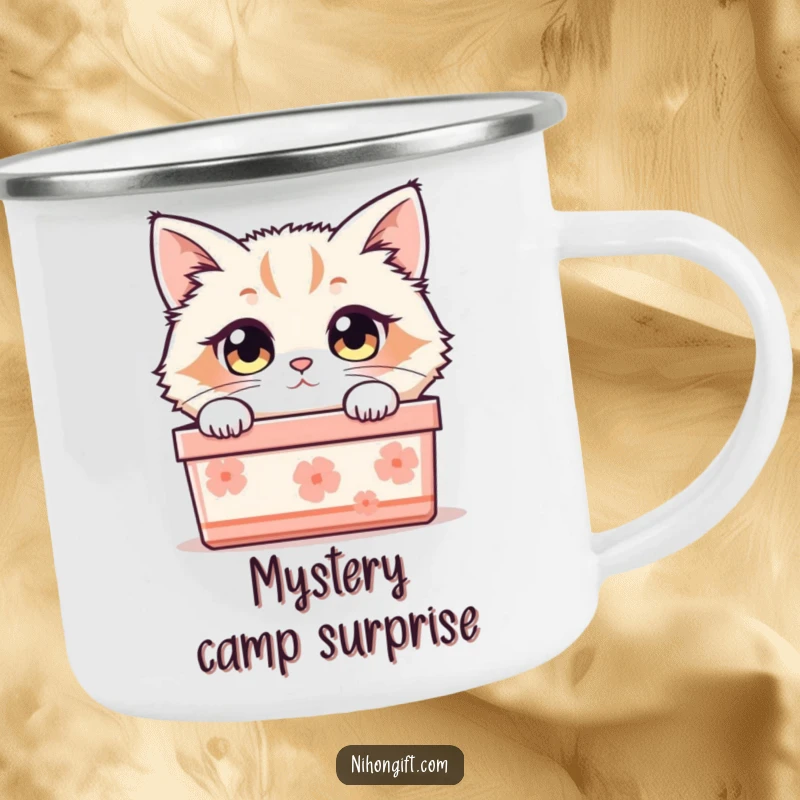 Funny cat camping mug featuring a fluffy cat peeking from a Japanese gift box, perfect for curious adventurers.