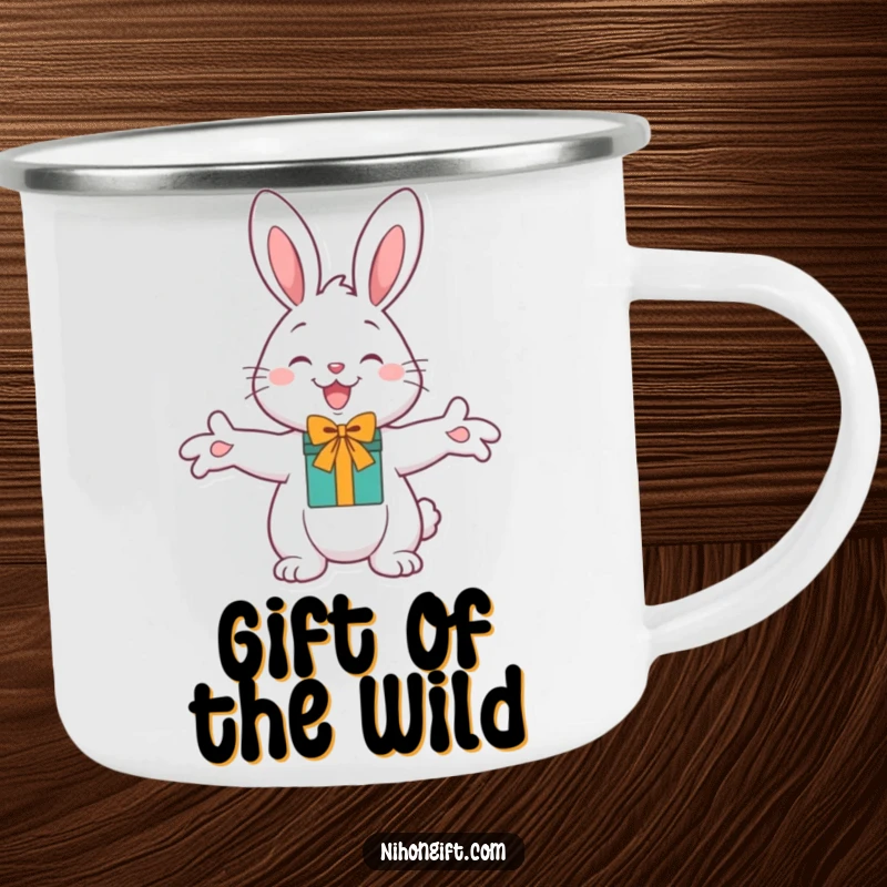 Funny Cheerful Bunny Camping Mug with outstretched paws holding a gift, ready for outdoor fun with humorous flair.