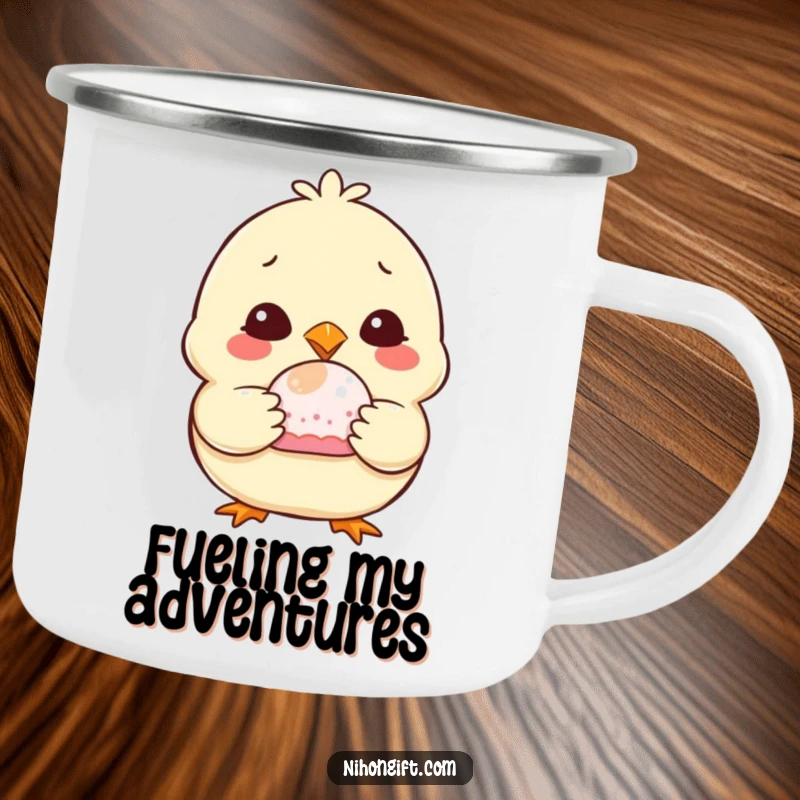 Funny Chubby Chick Camping Mug, smiling and holding a mochi, ready for outdoor adventures with humorous charm.