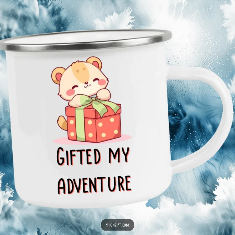 Funny camping mug with a cute animal happily unwrapping a beautifully tied gift box, perfect for outdoor enthusiasts.