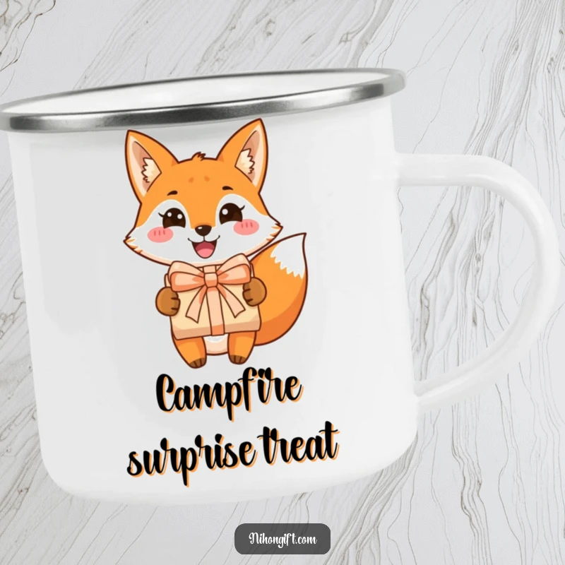 Funny fox camping mug showing a grinning fox presenting a beautifully wrapped gift, perfect for enjoying drinks outdoors with cheer.
