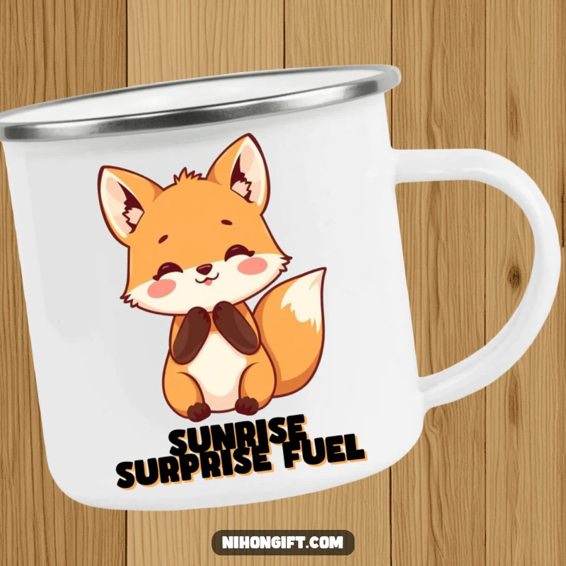 Funny fox camping mug with a small fox clasping its paws in happy anticipation, ideal for outdoor use and humor.