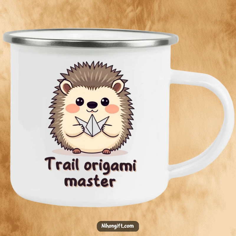 Funny hedgehog proudly presenting a tiny origami crane on a durable camping mug for outdoor enthusiasts.