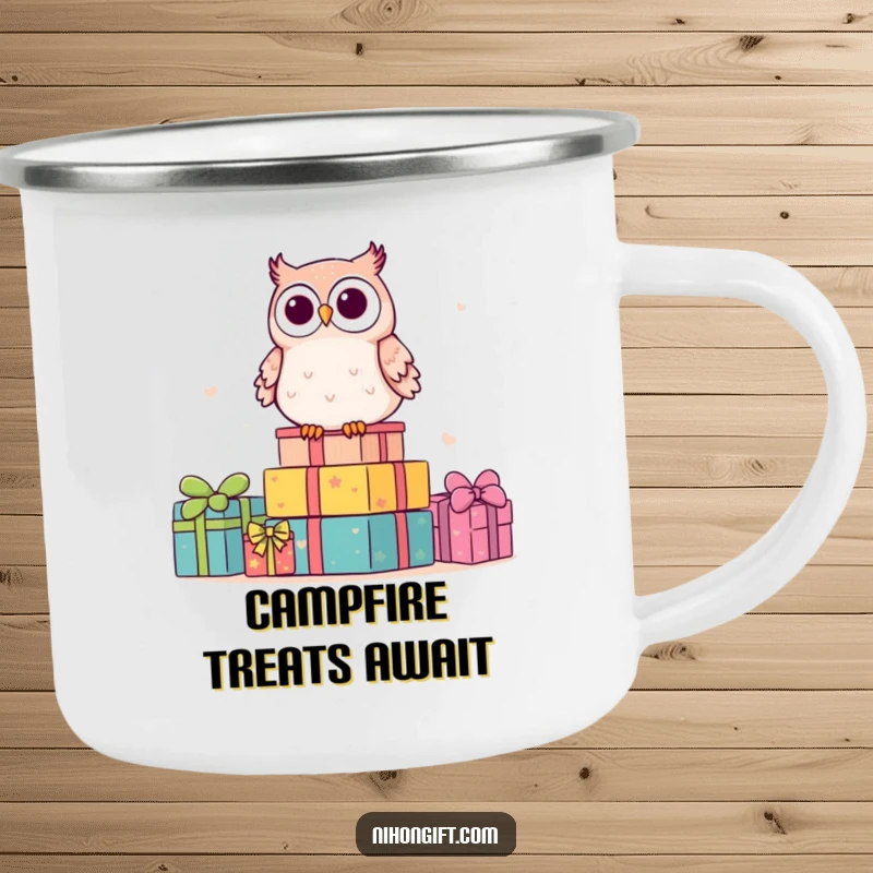 Funny kawaii owl on a stack of gifts, ready for camping adventures on a durable enamel mug.