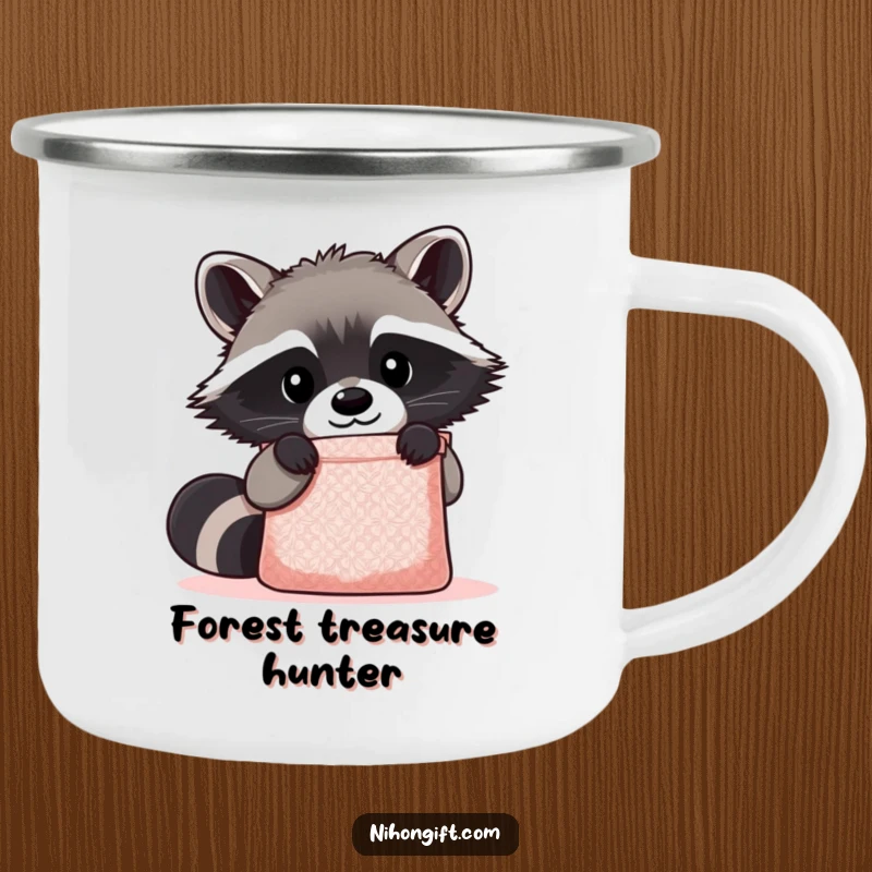 Funny Kawaii Raccoon Camping Mug showing a cute raccoon peering curiously into a shimmering gift bag, ready for outdoor fun and smiles.